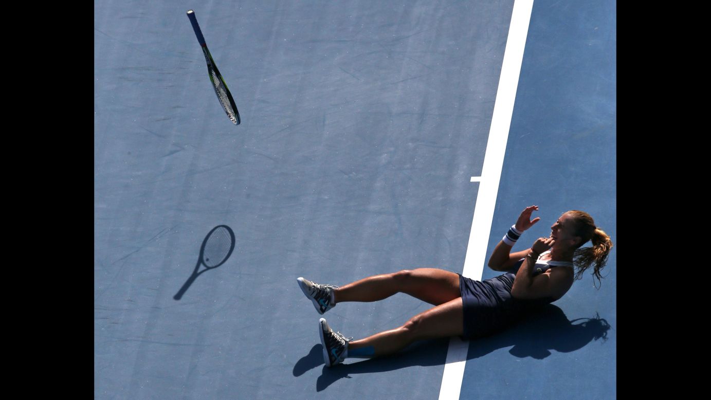 Dominika Cibulkova throws a racket as she celebrates her win over Agnieszka Radwanska in the semifinals of the Australian Open on Thursday, January 23. Cibulkova lost in the final to Li Na.