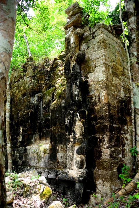 The north jamb of the "monster mouth" portal facade. The mouth in question likely belongs to an earth monster, but may be a hybrid of several different creatures from Mayan mythology.