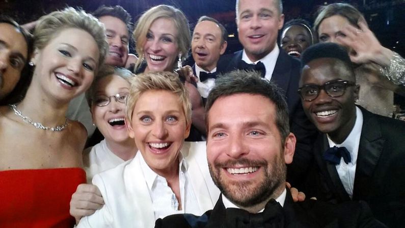 <strong>March 2:</strong> Host Ellen DeGeneres takes a moment to orchestrate a selfie with a group of movie stars at the <a href="http://www.cnn.com/2014/03/02/showbiz/gallery/2014-oscars-highlights/">Academy Awards ceremony.</a> Actor Bradley Cooper, seen in the foreground, was holding the phone at the time. "If only Bradley's arm was longer," <a href="https://twitter.com/TheEllenShow/status/440322224407314432" target="_blank" target="_blank">DeGeneres tweeted.</a> "Best photo ever." It became the most retweeted post of all time. <a href="http://www.cnn.com/2014/12/05/living/gallery/2014-selfies-of-the-year/index.html" target="_blank">See the year in selfies.</a>
