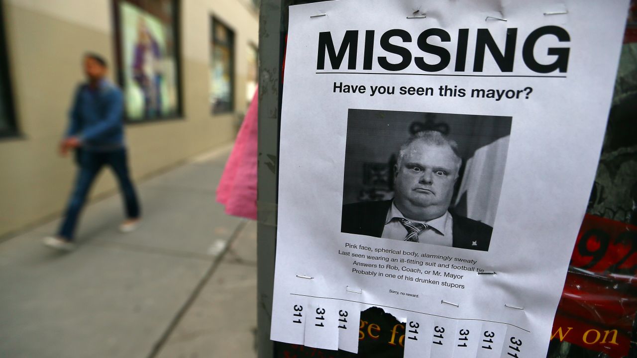 <strong>May 7:</strong> Toronto Mayor Rob Ford is seen on a mock "missing person" poster in Toronto. Hours after a local newspaper <a href="http://www.cnn.com/2013/11/15/politics/gallery/rob-ford-controversy/index.html">reported on a new video that allegedly showed Ford smoking crack cocaine,</a> the mayor announced that he would be taking a break from his duties and his re-election campaign to seek help for alcohol abuse. Later in the year, after the discovery of an abdominal tumor, <a href="http://www.cnn.com/2014/09/12/world/toronto-mayor-ford-withdraws/">he decided not to seek re-election.</a>