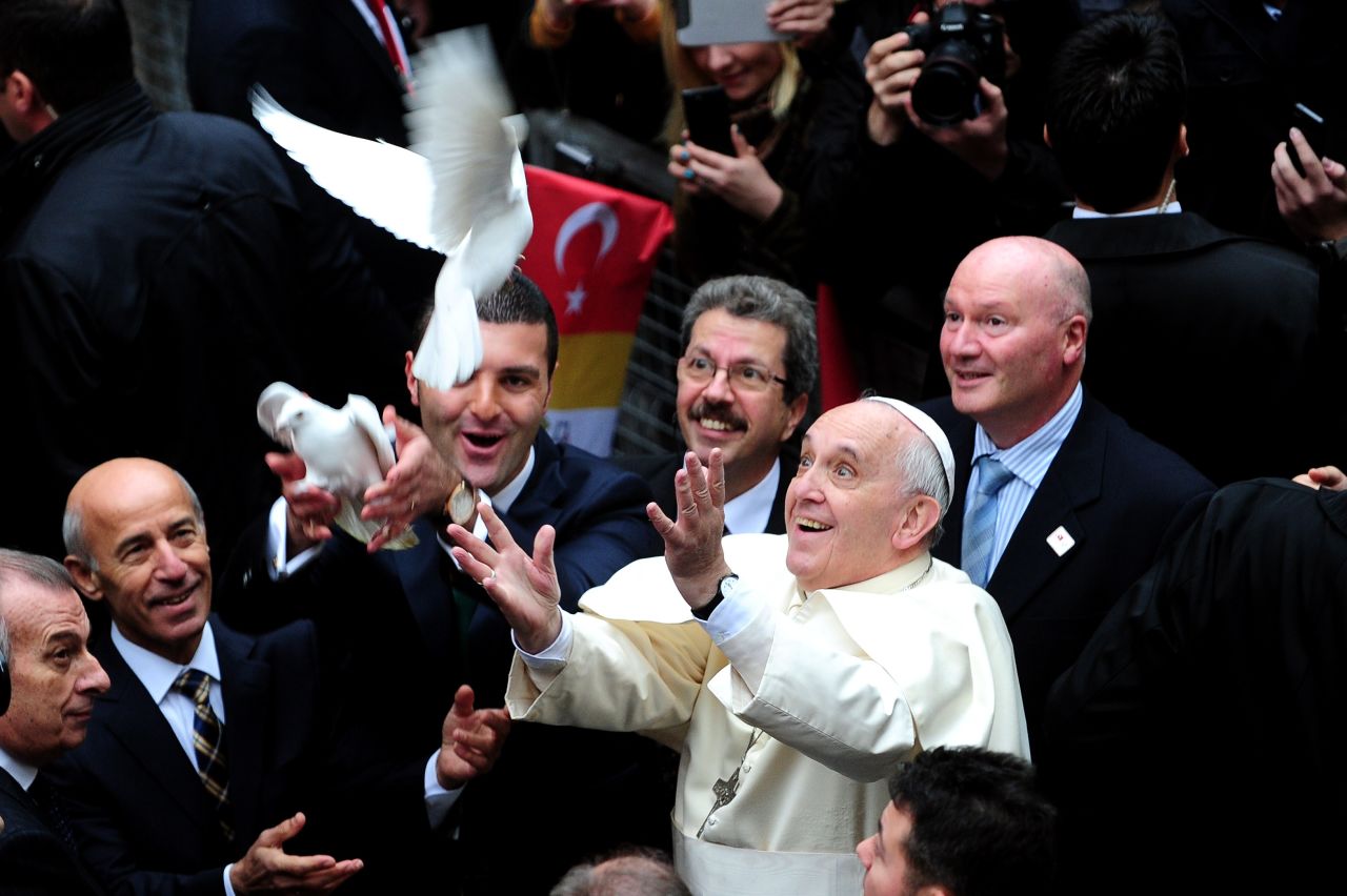 Pope Francis releases a dove at Istanbul's Holy Spirit Cathedral on November 29.