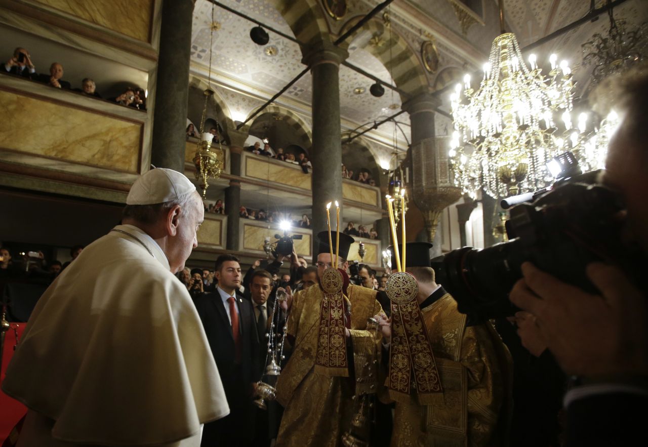 Pope Francis arrives to attend an ecumenical prayer with Ecumenical Patriarch Bartholomew I at the Patriarchal Church of St. George in Istanbul on November 29.