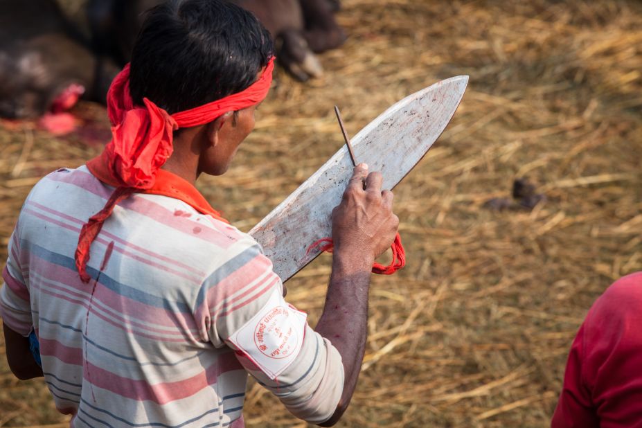A knifeman sharpens his blade at Nepal's Gadhimai festival.