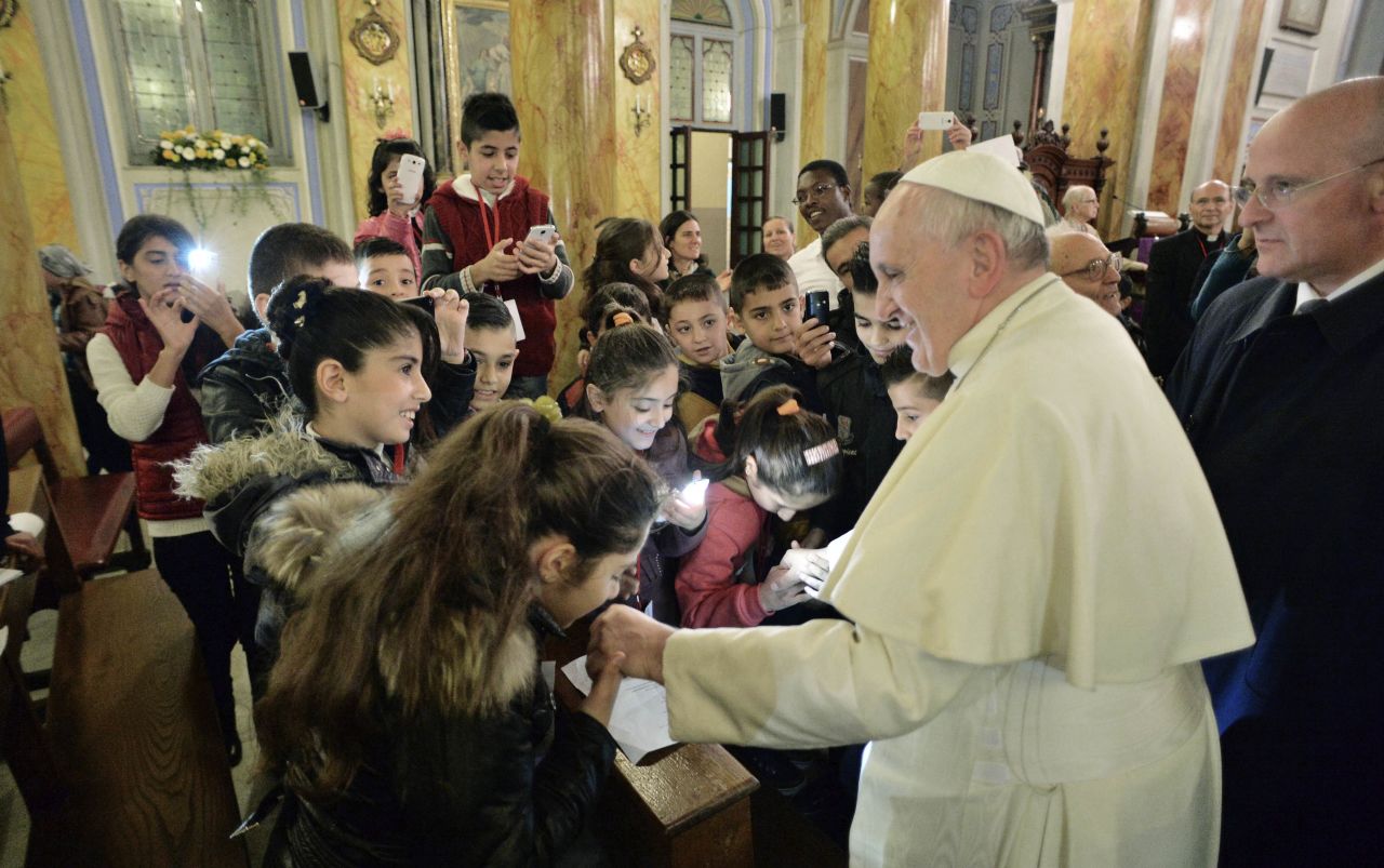 Pope Francis meets with refugee children in Istanbul on November 30.