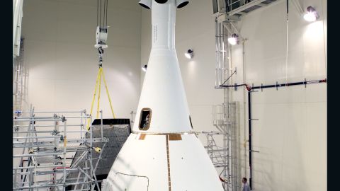 Orion is wrapped in protective panels before being moved to the launch pad on November 10.
