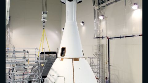 Orion is wrapped in protective panels before being moved to the launch pad on November 10.