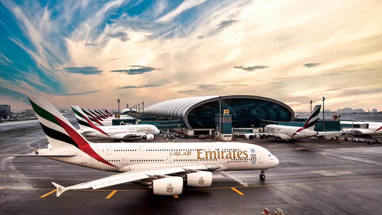 Planes line up at Dubai International Airport.