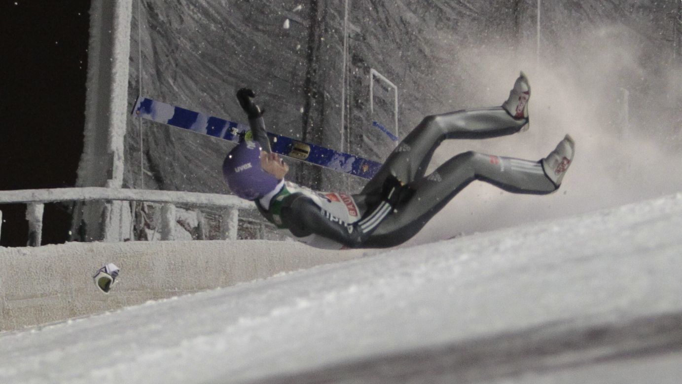 German ski jumper Andreas Wellinger falls while taking part in a World Cup event in Kuusamo, Finland, on Saturday, November 29.