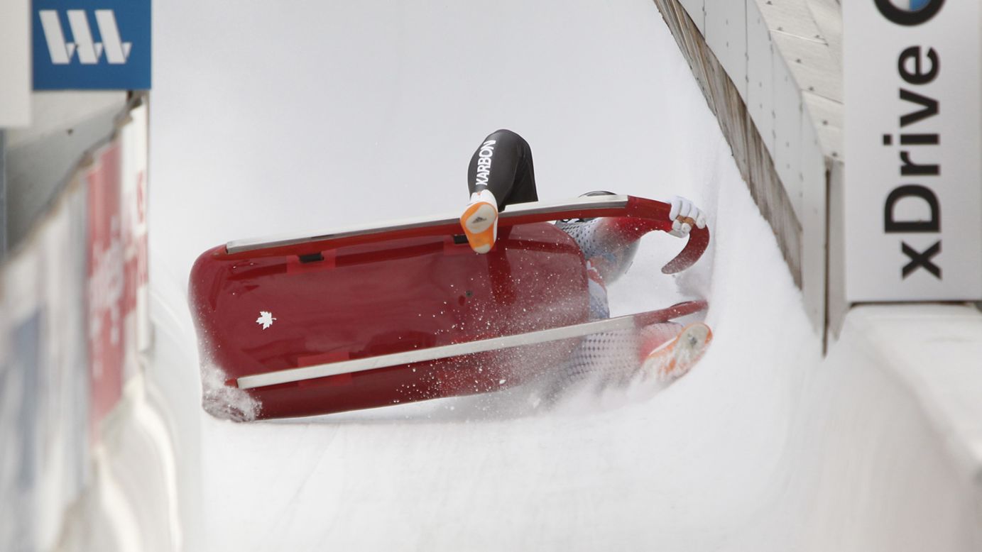Canadian luger John Fennell crashes at the finish line during a World Cup event in Innsbruck, Austria, on Sunday, November 30.
