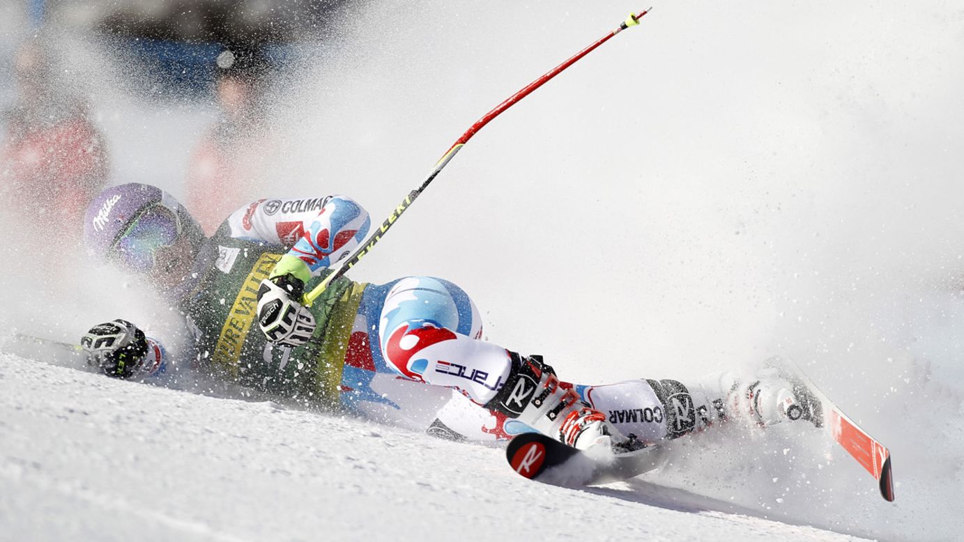 French skier Tessa Worley scrapes the ground while competing in the giant slalom Saturday, November 29, during a World Cup event in Aspen, Colorado.