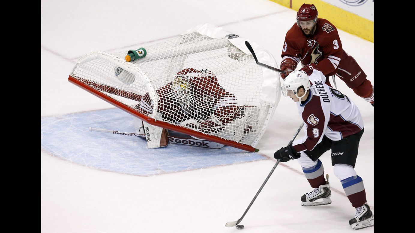 The net falls on Arizona Coyotes goalie Mike Smith during a home game against Colorado on Tuesday, November 25. 