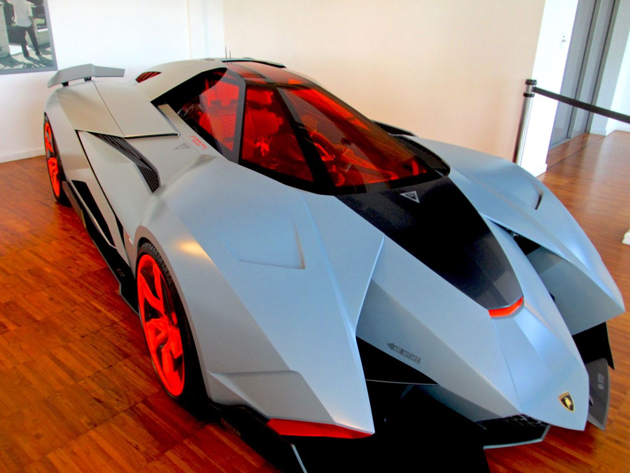 Resembling a jet fighter or an Apache attack helicopter, this 2013 Lamborghini Egoista single seater, on display at the Lamborghini Museum in Sant'Agata Bolognese features an anti-radar material.