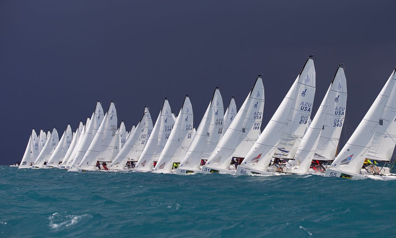 The mass ranks of the J70 Class at the Key West Race Week in Florida prepare to start. Moments later the fleet was hit by a squall.   