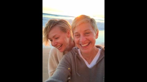 Actress Portia de Rossi, left, <a href="https://twitter.com/portiaderossi/status/538805178074284032" target="_blank" target="_blank">tweeted this beach selfie</a> of her and her wife, talk show host Ellen DeGeneres, on Saturday, November 29. They were celebrating 10 years together as a couple.