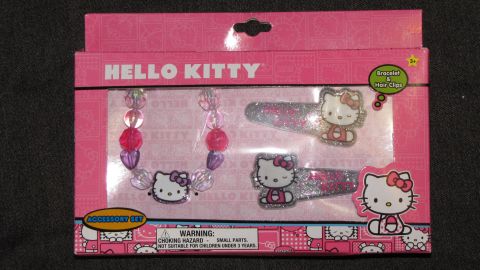 The Hello Kitty bracelet and hairclip accessories have a high number of phthalates according to this study. If a child were to put this in their mouth the chemical may cause developmental problems.