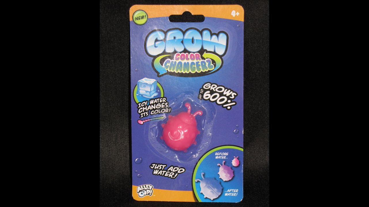 This Grow Color Changers toy expands in water and can become a real hazard if it were to grow and create an abdominal obstruction if the child were to swallow it.