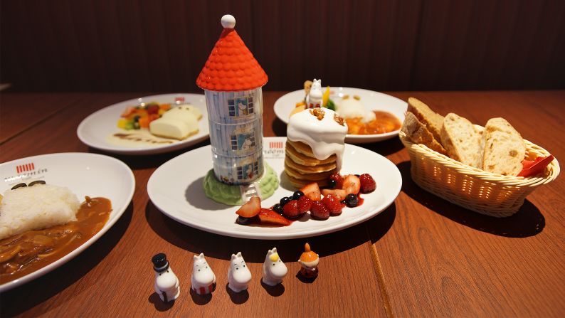 Moomin house pancakes are a signature dish in the cartoon as well as a favorite of the cafe's director, Mickey Kera. The pancakes are are served with three desserts hidden in the three-story tower.