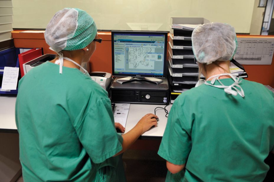 Nurses view data readings from staff RFID tags on hospital map.