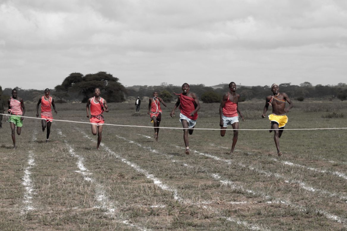 Competitors sprint towards the finish line at the 2012 Maasai Olympics.<br /><br />"The most popular events for athletes and spectators are the high jump, the 200 meters and 800 meters races and the javelin," Ntalamia said. 