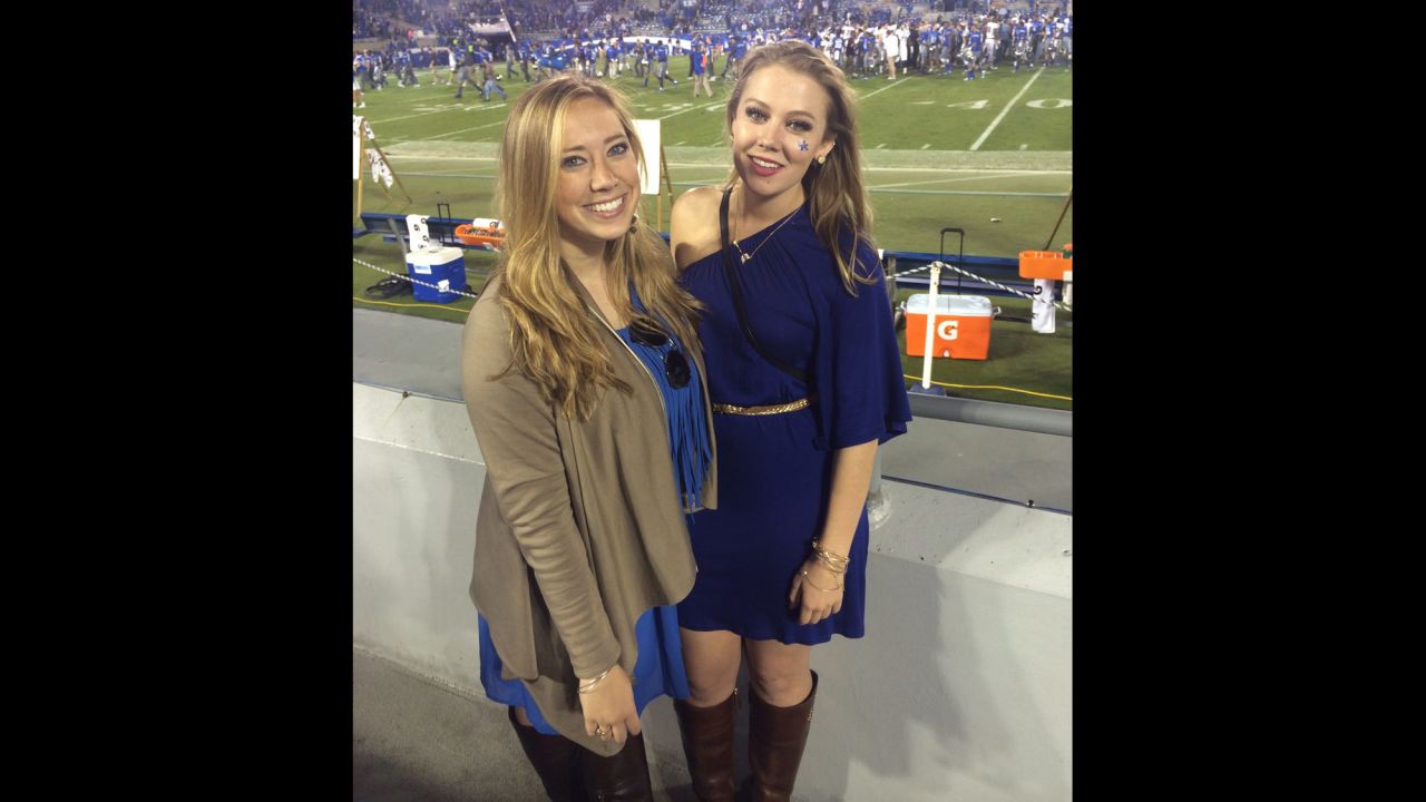 University of Kentucky senior <a href="http://ireport.cnn.com/docs/DOC-1191653">Bethany Ball</a>, right, poses with a friend at the school's homecoming game. A huge game day style no-no for Ball is wearing two different prints. "It can be overwhelming and clash," she said.
