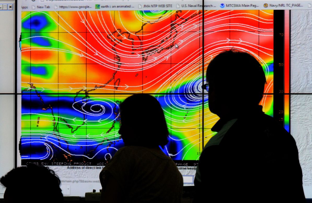 Meteorologists from the Philippine Atmospheric, Geophysical and Astronomical Services Administration (PAGASA) monitor and plot the direction of super typhoon Hagupit on December 4, 2014.