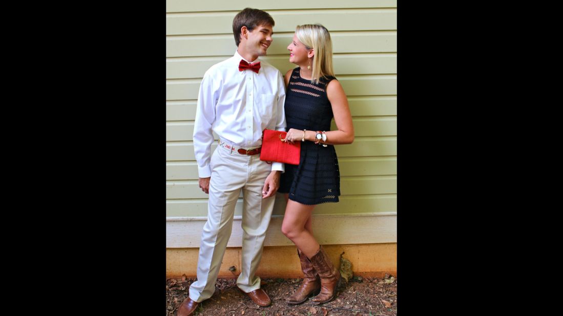 Chandler MacWilliam, right, a senior at the University of Alabama and a <a href="http://shotgunsandseashells.com" target="_blank" target="_blank">fashion blogger</a>, models a game-day look with her boyfriend. She<a href="http://shotgunsandseashells.com/" target="_blank" target="_blank"> </a>says she spends $50 to $200 on a typical tailgate outfit, which must always feature something red, black, white or gray. "I refuse to dress in any color but those four."