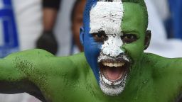 A supporter of Sierra Leone reacts during the 2015 African Cup of Nations qualifying football match between Ivory Coast and Sierra Leone on September 6, 2014 at the Felix Houphouet-Boigny stadium in Abidjan. AFP PHOTO / ISSOUF SANOGO (Photo credit should read ISSOUF SANOGO/AFP/Getty Images)