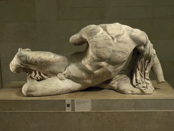 The marble statue of the river god Ilissos, from the west pediment of the Parthenon in Greece, was designed by Pheidias in Athens during 438BC - 432BC. The British Museum is lending this statue, one of the Elgin Marbles, to the Hermitage Museum in St. Petersburg, Russia. 
