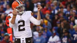 Johnny Manziel #2 of the Cleveland Browns celebrates a touchdown against the Buffalo Bills during the second half at Ralph Wilson Stadium on November 30, 2014 in Orchard Park, New York. (Photo by Tom Szczerbowski/Getty Images)