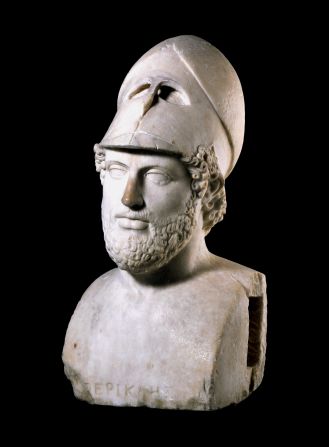 Marble portrait bust of renowned leader of Athens, Pericles. This is a Roman copy of an original portrait which was perhaps created in Pericles' own day, or shortly after his death. 