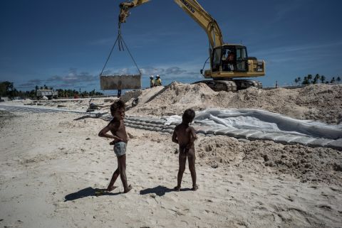 The U.N.'s Intergovernmental Panel on Climate Change identified Kiribati as one of the six Pacific island nations that "face a serious threat of permanent inundation from sea-level rise." In a never-ending fight against the rising tides, both residents and their government construct seawalls to preserve the land.