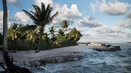 Waves pummel the coast of Temwaiku, a village on Kiribati's capital island of South Tarawa. Flooding has forced many residents to leave the area.