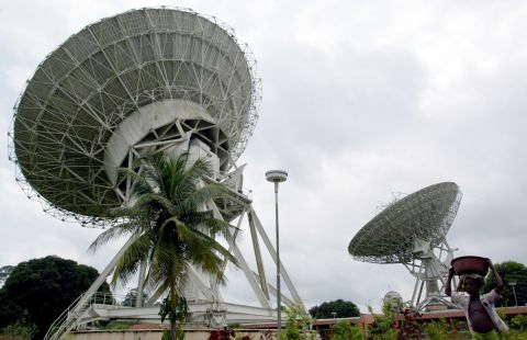 Pictured are satellite dishes in a telecommunications center near Abidjan in the Ivory Coast. In remote places with much lower populations than somewhere like Abdijan where the connectivity doesn't have to be so dense, Facebook is looking at using low-Earth orbit and geosynchronous satellites to beam the internet down over wide areas.