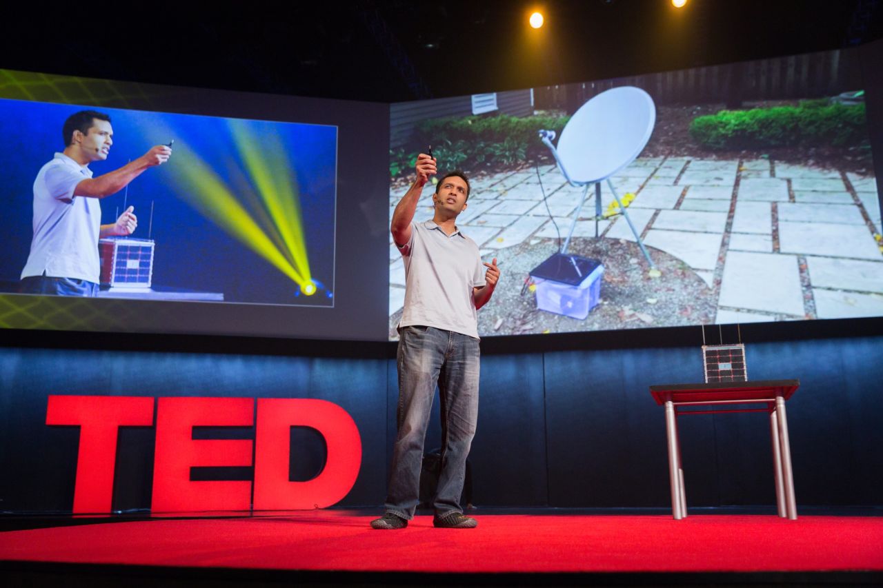 Outernet founder Syed Karim at TEDGlobal 2014. Outernet describes itself as "humanity's public library" and is aiming to get information from the internet to the world's unconnected. It works by saving information from websites like Wikipedia as digital files and broadcasting them down from satellites. Anyone with a receiver can access the information.
