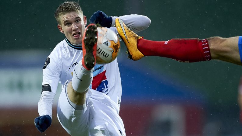 Jesper Boge, who plays for the Danish soccer club Hobro, kicks the ball during a Superliga match played Sunday, December 7, in Slagelse, Denmark.