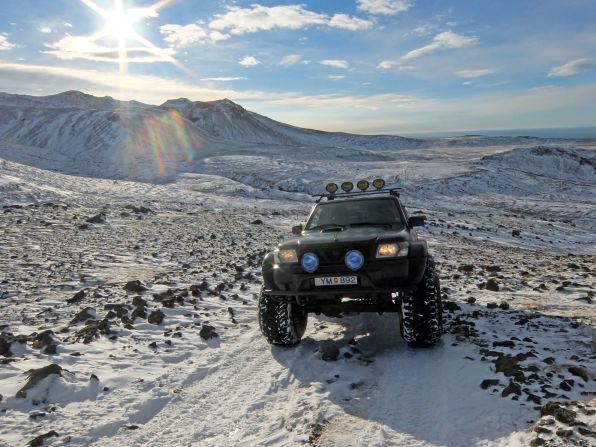 The 4x4's giant wheels come into their own on the snow-covered slopes of Eyjafjallajokull volcano.