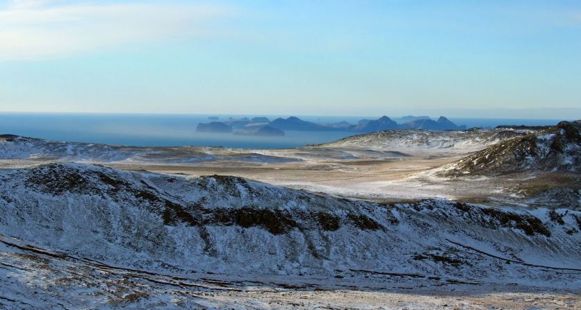 The slopes of Eyjafjallajokull offer stunning views of Vestmannaeyjar, an archipelago of islands off Iceland's southern coast formed by a series of volcanic eruptions.
