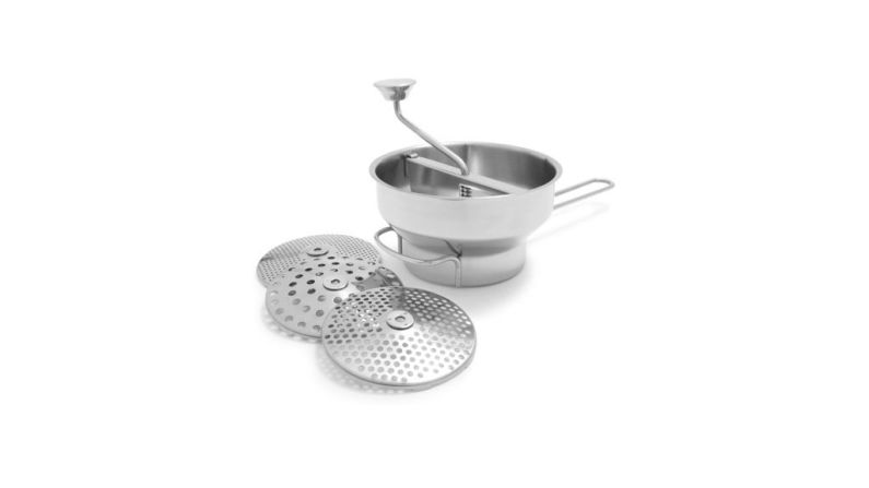 A food mill separates skins and seeds for pureed soups and sauces and functions as a strainer, too. This model ($40) is from <a href="http://www.surlatable.com/product/PRO-984286/Sur-La-Table-Food-Mill" target="_blank" target="_blank">Sur La Table</a>.