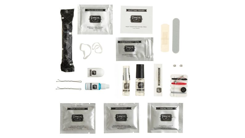 This little emergency travel kit by <a href="https://www.jcrew.com/womens_category/accessories/travelessentials/PRDOVR~A1664/A1664.jsp?color_name=silver-glitter" target="_blank" target="_blank">Pinch Provisions ($24 from J. Crew)</a> contains 21 items, including a bandage, safety pin, hair spray, stain remover, mirror, lip balm, sewing kit, clear nail polish, emery board, tampon, dental floss and more. 