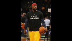 NEW YORK, NY - DECEMBER 08:  LeBron James #23 of the Cleveland Cavaliers wears an "I Can't Breathe" shirt during warmups before his game against the Brooklyn Nets during their game at the Barclays Center on December 8, 2014 in New York City. NOTE TO USER: User expressly acknowledges and agrees that, by downloading and or using this photograph, User is consenting to the terms and conditions of the Getty Images License Agreement.  (Photo by Al Bello/Getty Images)