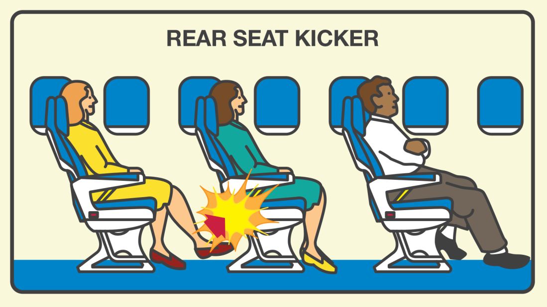 Passengers who use their feet as weapons topped Expedia's list of onboard etiquette violators in its 2015 Airplane Etiquette Study. Just over 60% of those surveyed find rear seat-kickers very annoying.