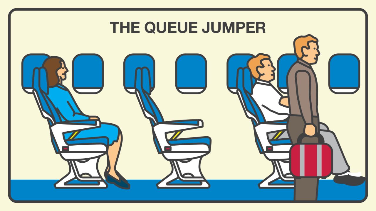 <strong>Springing into action: </strong>The queue jumper rushes to deplane, thinking those few extra minutes are more important for him than anyone else. 