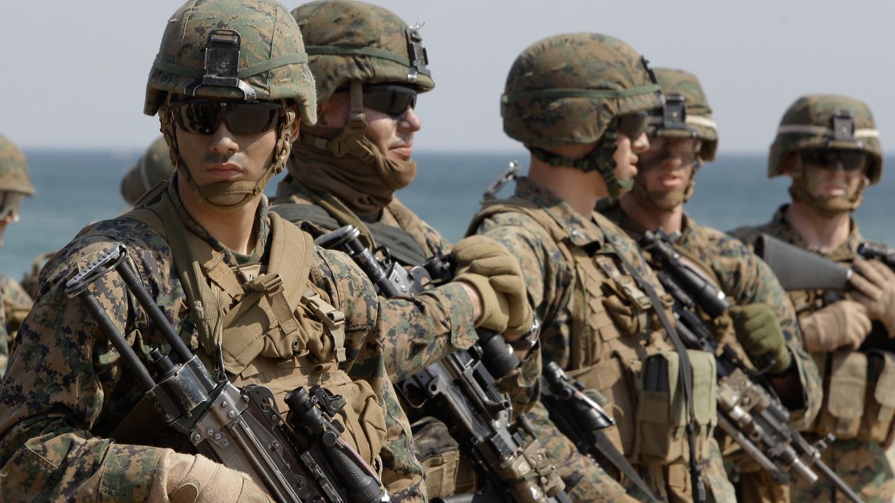 POHANG, SOUTH KOREA - MARCH 29:  U.S. Marine soldiers from 31st Marine Expeditionary Unit, Battalion landing team deployed from Okinawa, Japan, participate in the U.S. and South Korean Marines joint landing operation at Pohang seashore on March 29, 2012 in Pohang, South Korea. Though South Korean has remained technically at war with North Korea since the end of the Korean War in 1953, the tension of Korean Peninsula has again raised as Pyongyang's new leader Kim Jong-Eun administration announced to launch a 'Satellite' between April 12 to 16.  (Photo by Chung Sung-Jun/Getty Images)