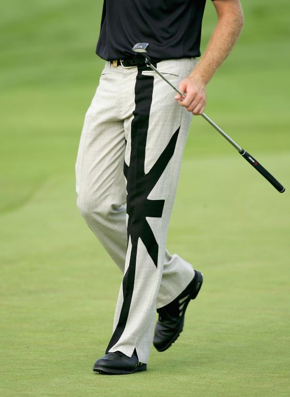 At the 2005 German Masters Pro-Am, Poulter donned these trousers featuring a black and white interpretation of the British flag.