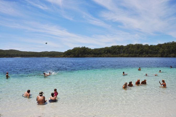With a constant water temperature of about 22 C (71.6 F) and underwater visibility up to 20 meters, Lake McKenzie's pristine freshwater beach is one of the most popular destinations on the island. Butchulla people, Fraser Island's aboriginal people, call the lake Boorangoora, meaning "waters of wisdom." Because dingoes sometimes roam nearby, food and drinks (except water) are forbidden in the area. 