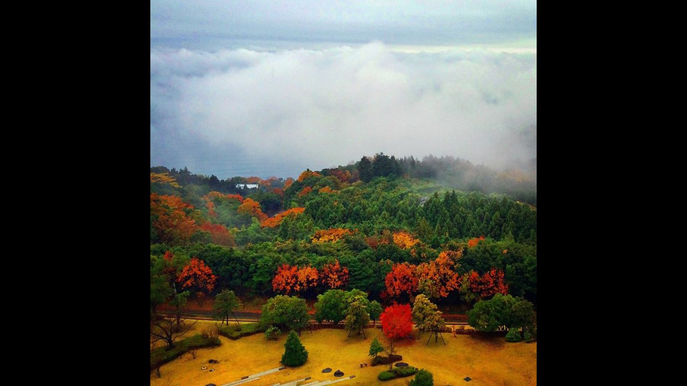 The Pacific Ocean is hidden by autumnal morning fog in Hakone, Japan.