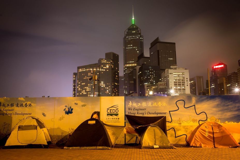 Few pro-democracy activists tents remain on the road outside Hong Kong's Government Complex on December 9.