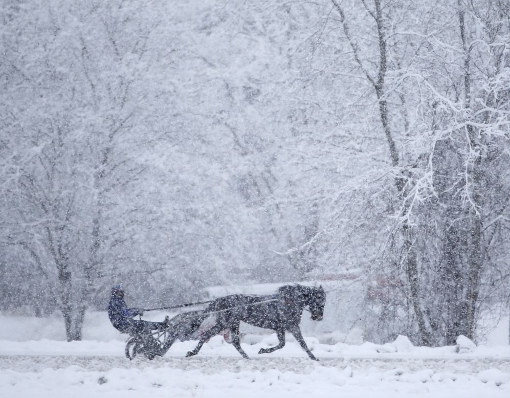 A horse and driver train on a harness track on December 11 in Saratoga Springs, New York. 