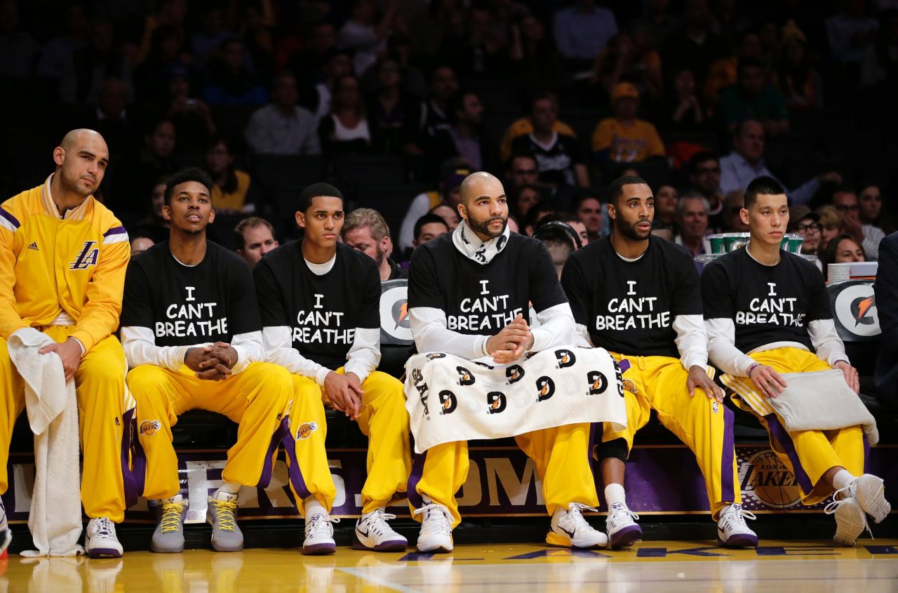 Wearing the shirts from left are Lakers Nick Young, Jordan Clarkson, Carlos Boozer, Wayne Ellington and Jeremy Lin.