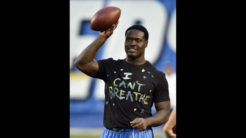 San Diego Chargers linebacker Melvin Ingram shows his solidarity with Garner before playing New England on Sunday, December 7.